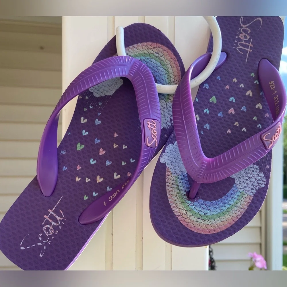 2pr. Gently Worn/Clean Sz-C/ 11-12 Cat& Jack Tan Sandals/Purple Scott Flip Flops